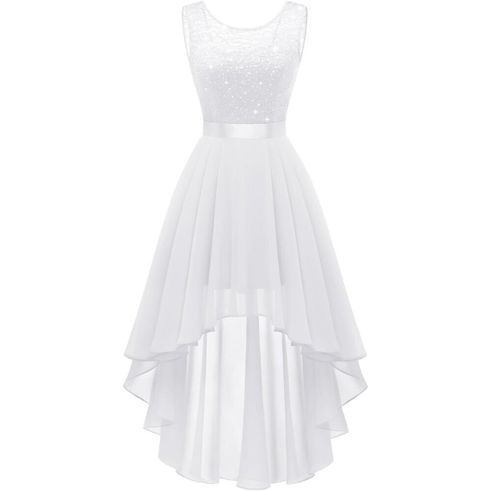 BeryLove Women White Sequin Chiffon Scoop Neck Sleeveless Lace Cocktail Dresses